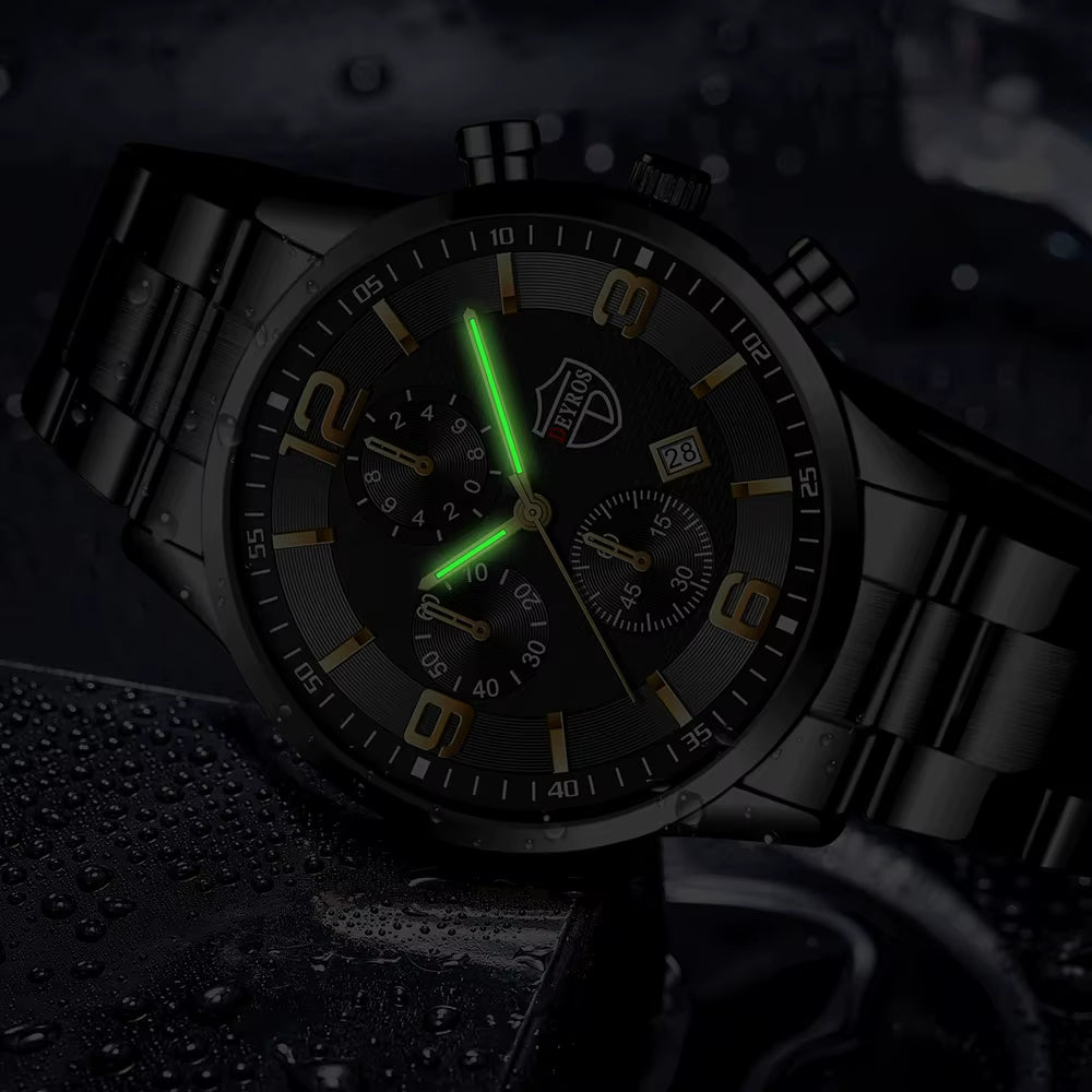 Relógio masculino DEYROS preto com mostrador azul e pulseira de aço inox resistente