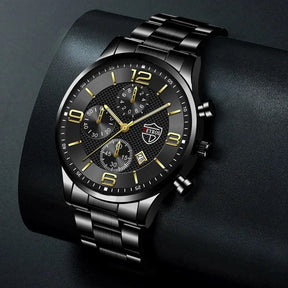 Relógio DEYROS ouro negro com pulseira de aço e mostrador elegante com calendário