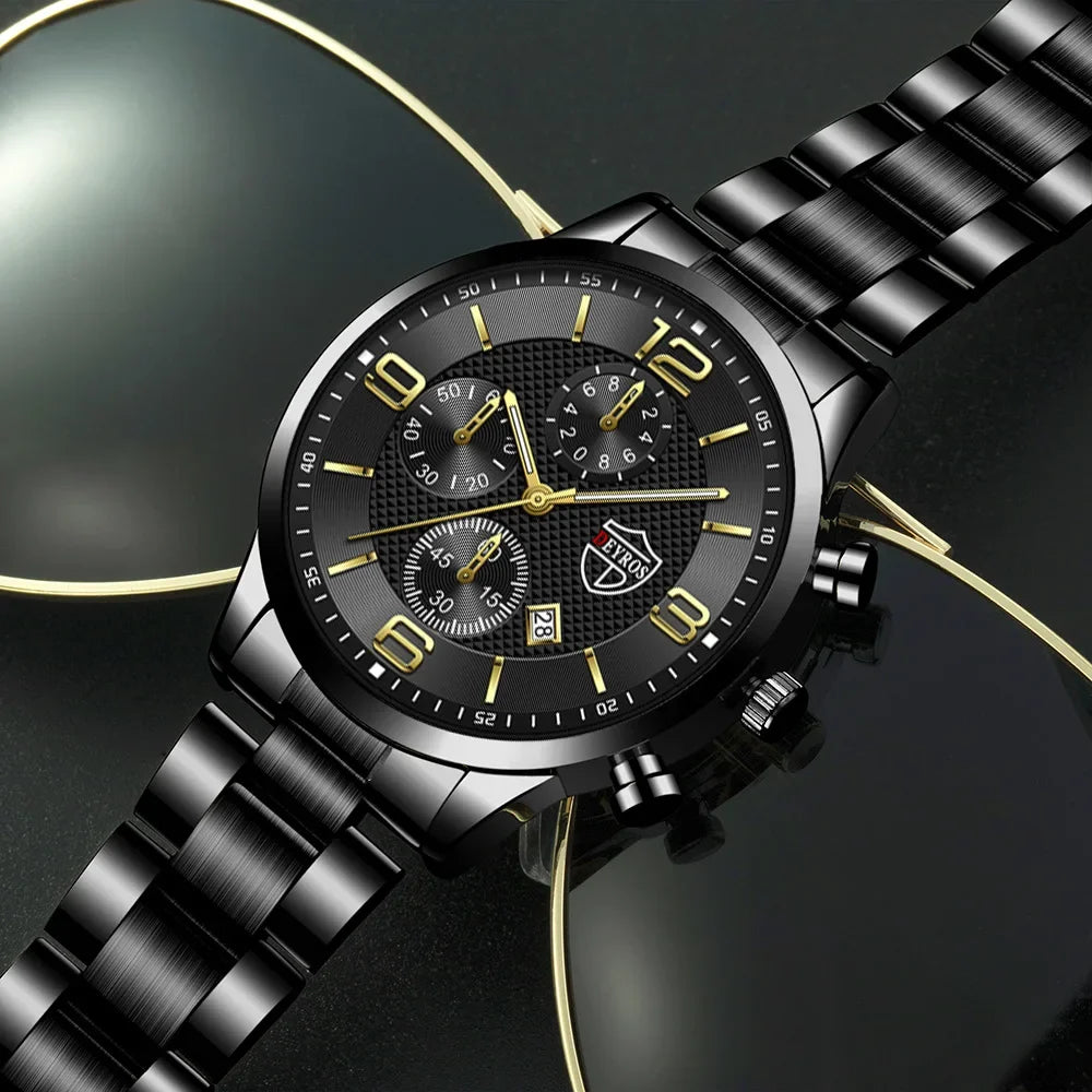 Relógio DEYROS ouro negro com pulseira de aço e mostrador elegante com calendário