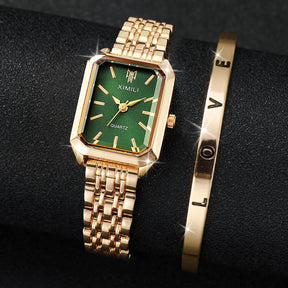 Relógio feminino verde dourado com pulseira elegante no pulso
