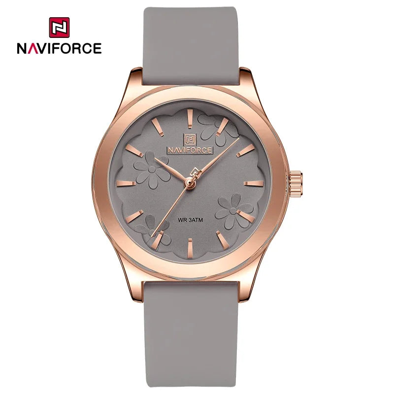 NAVIFORCE Novo estilo feminino, relógios de quartzo de alta qualidade, pulseira de sílica fumed, moda elegante relógio de pulso à prova d'água.