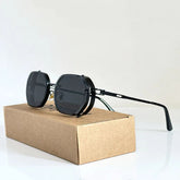 Óculos steampunk quadrado preto com armação metálica e lente escura UV400, modelo G02, estilo retrô moderno

