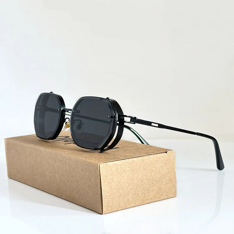 Óculos steampunk quadrado preto com armação metálica e lente escura UV400, modelo G02, estilo retrô moderno

