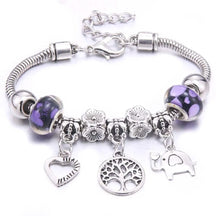 Pulseira berloque prata com pingentes de coruja, libélula e árvore da vida, disponível em várias cores brilhantes