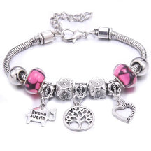Pulseira berloque prata com pingentes de coruja, libélula e árvore da vida, disponível em várias cores brilhantes