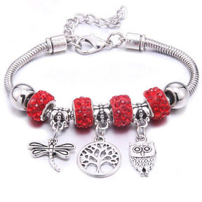 Pulseira berloque prata com pingentes de coruja, libélula e árvore da vida, disponível em várias cores brilhantes