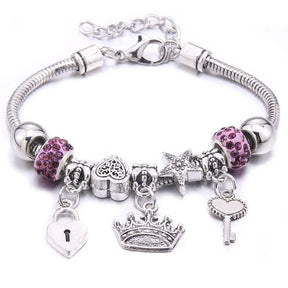 Pulseira berloque prata com pingentes de coruja, libélula e árvore da vida, disponível em várias cores brilhantes