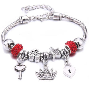 Pulseira berloque prata com pingentes de coruja, libélula e árvore da vida, disponível em várias cores brilhantes
