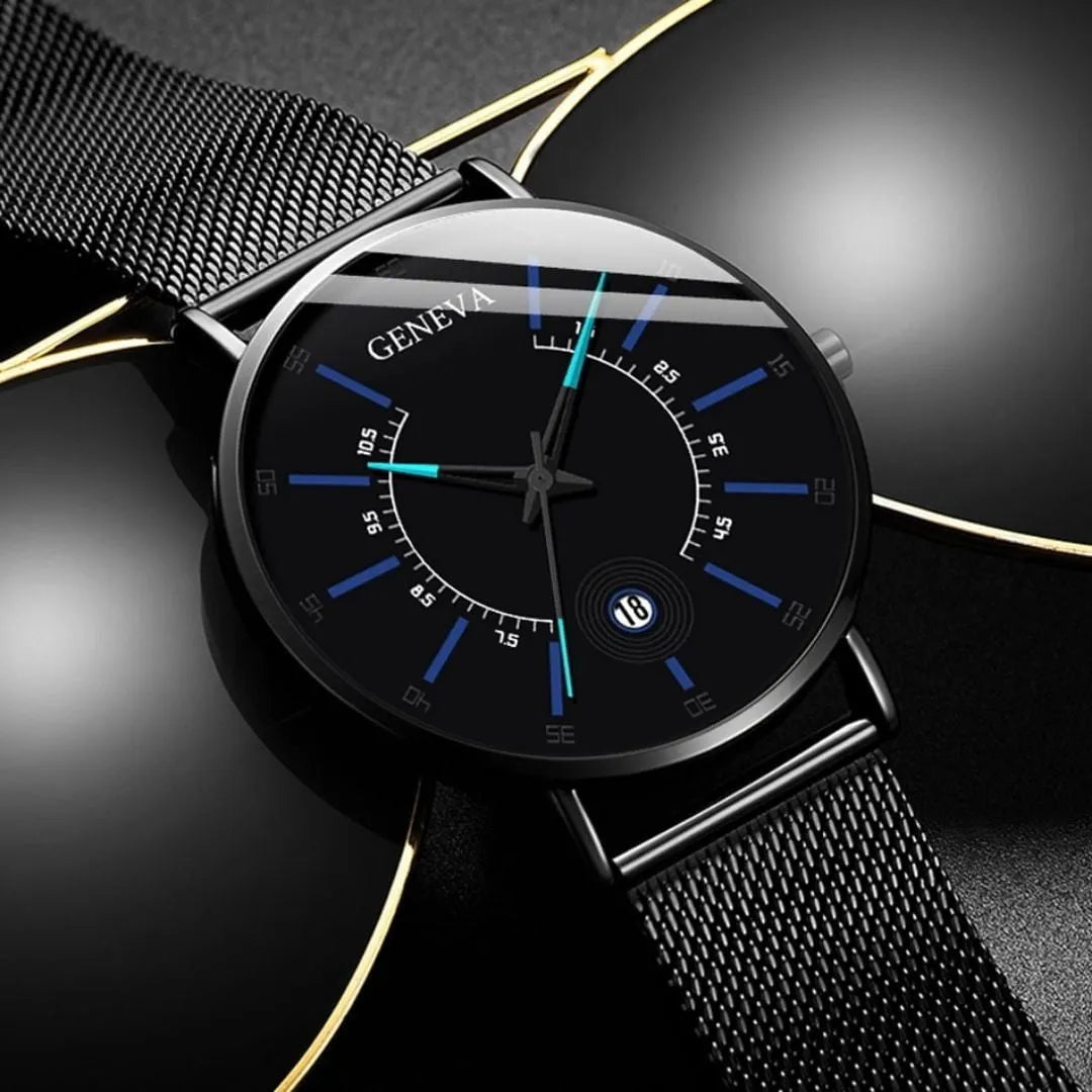 Relógio masculino minimalista preto com detalhes azuis e pulseira em aço inox