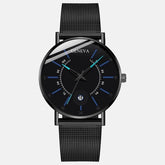Relógio masculino minimalista preto com detalhes azuis e pulseira em aço inox