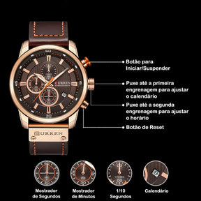 Relógio masculino Chronos com visor marrom, detalhes em dourado e pulseira de couro