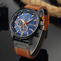Relógio masculino Chronos com visor azul, cronógrafo e pulseira de couro marrom