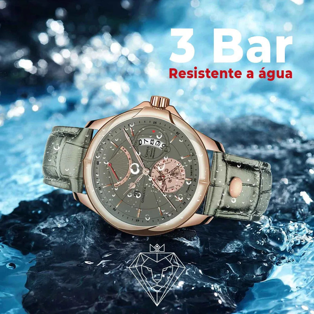 Relógio masculino rosé gold inspirado em Da Vinci com pulseira de couro legítimo