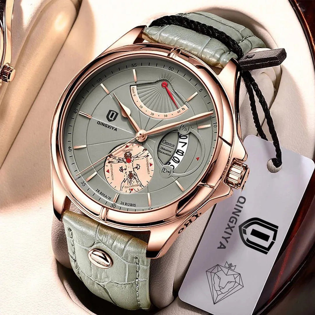 Relógio masculino rosé gold inspirado em Da Vinci com pulseira de couro legítimo