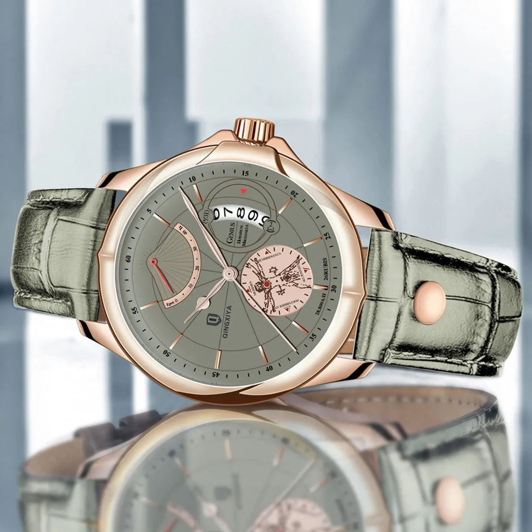 Relógio masculino rosé gold inspirado em Da Vinci com pulseira de couro legítimo