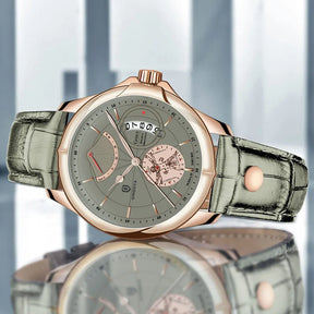 Relógio masculino rosé gold inspirado em Da Vinci com pulseira de couro legítimo