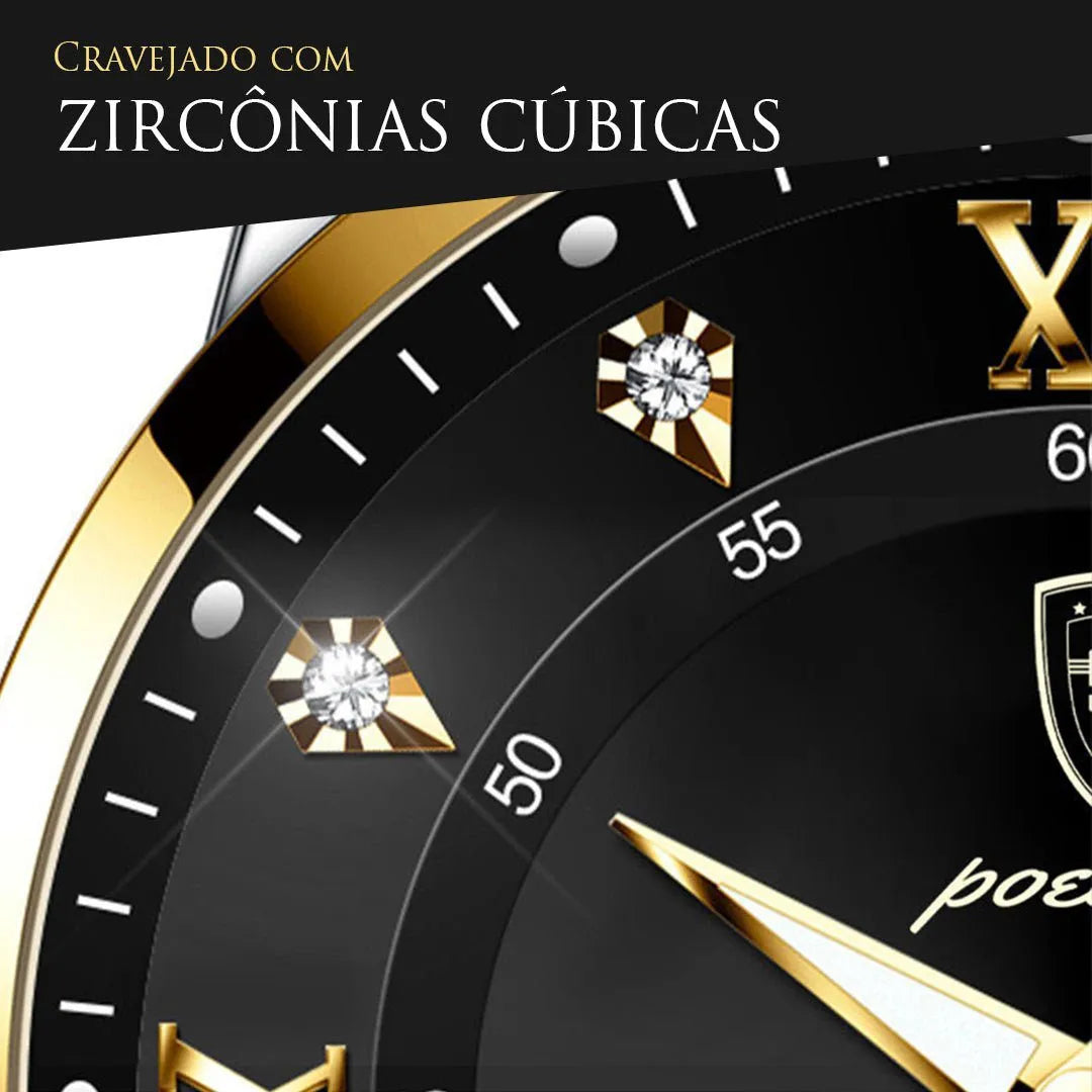 Relógio masculino visor azul com zircônias e pulseira de aço inoxidável