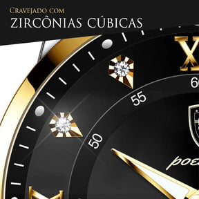 Relógio masculino visor azul com zircônias e pulseira de aço inoxidável