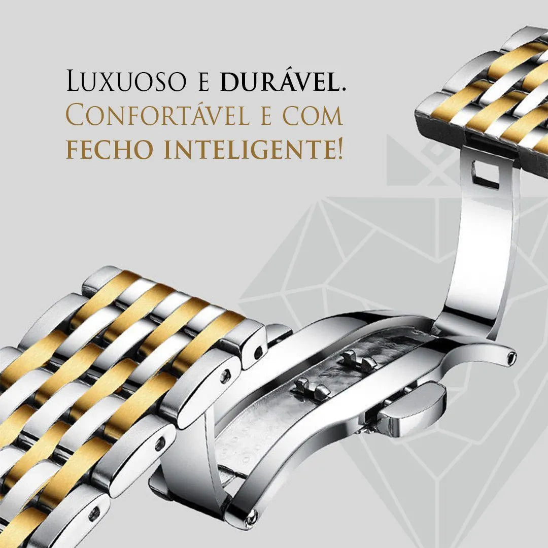 Relógio masculino visor azul com zircônias e pulseira de aço inoxidável