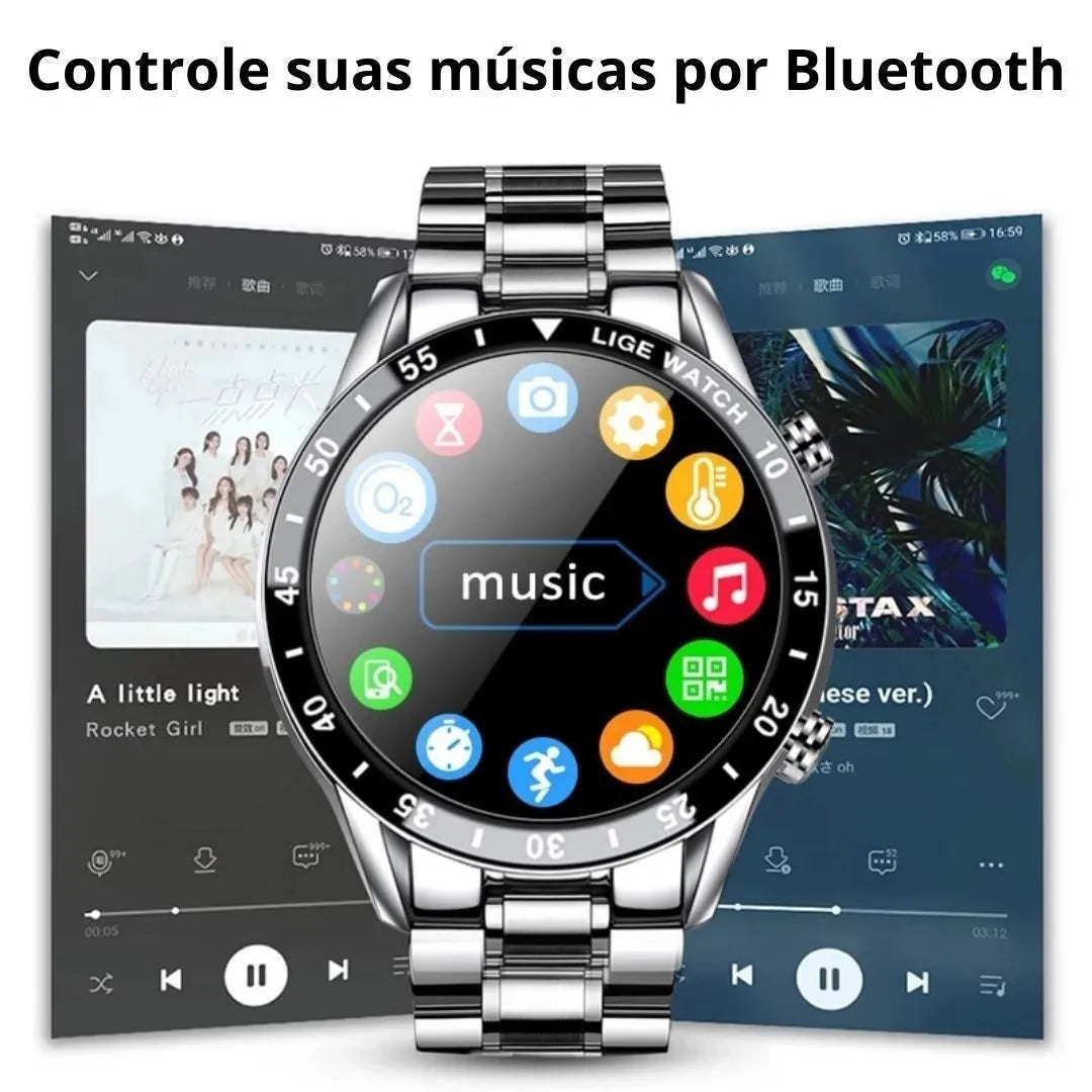 Smartwatch Modern Iron prata com pulseira de aço inoxidável e display digital