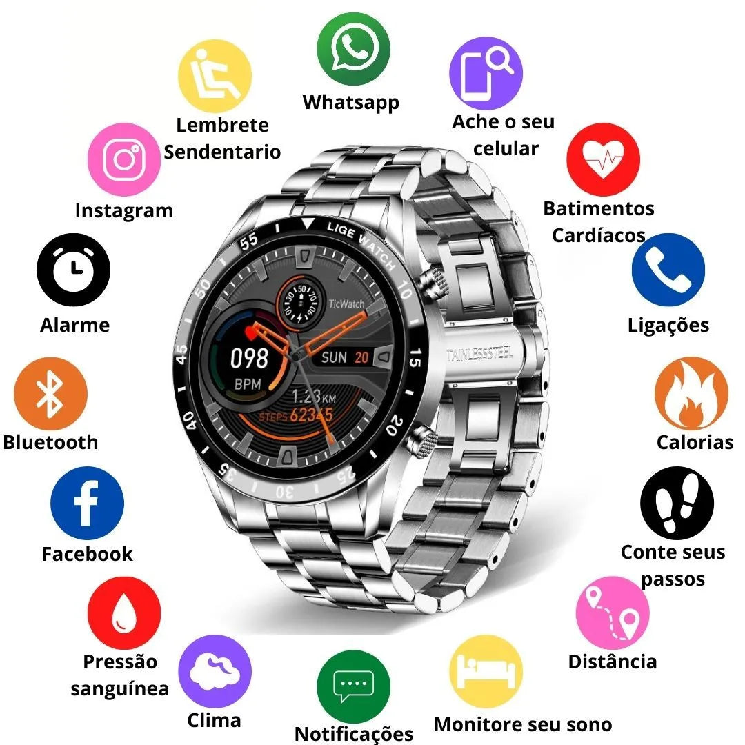 Smartwatch Modern Iron prata com pulseira de aço inoxidável e display digital