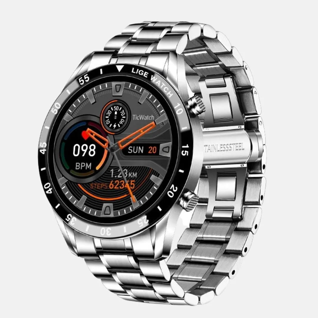 Smartwatch Modern Iron prata com pulseira de aço inoxidável e display digital