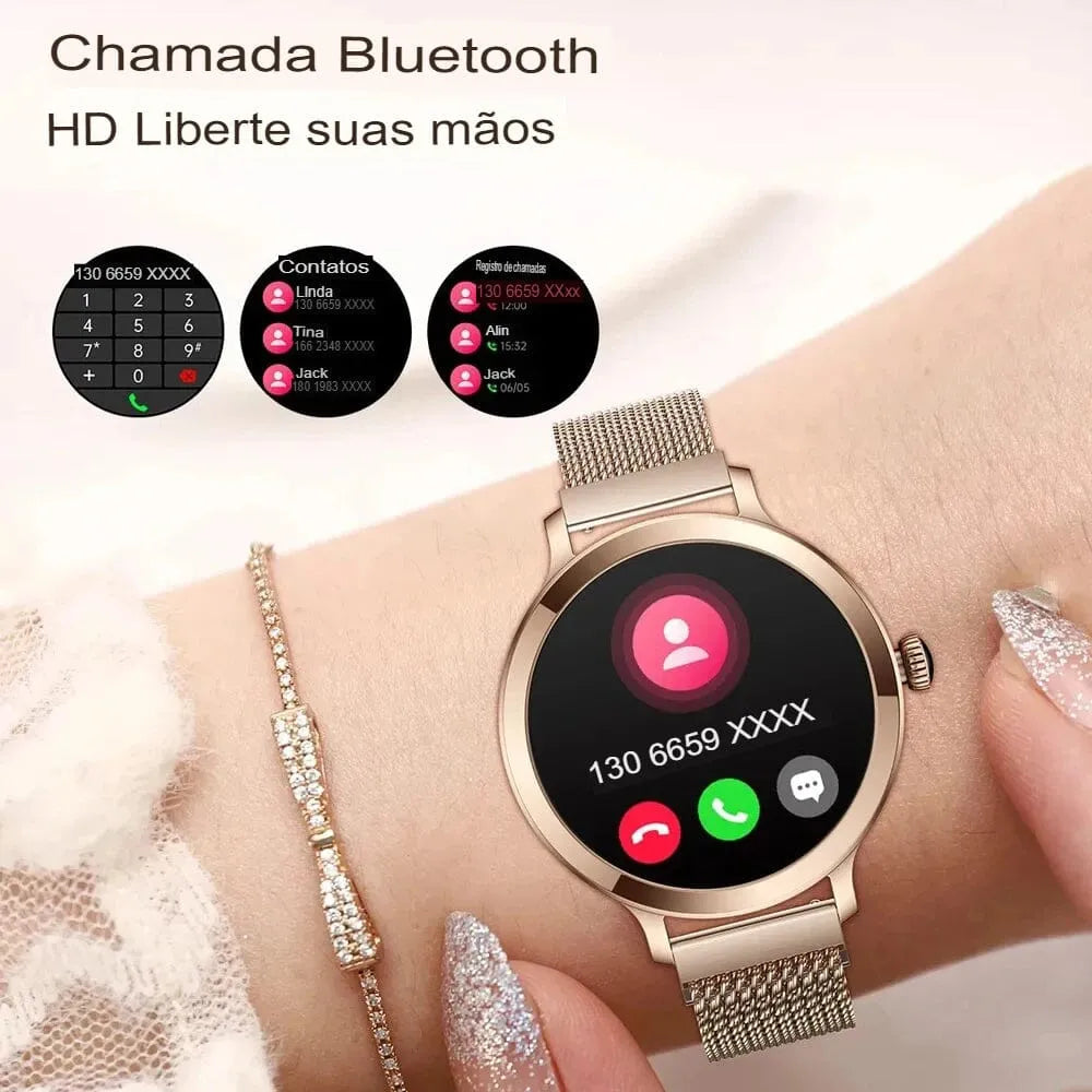 Smartwatch feminino dourado com tela AMOLED e pulseira de aço fino, design elegante e funções de saúde.