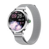 Smartwatch feminino prata com tela AMOLED, pulseira em aço fino e monitoramento de saúde completo.
